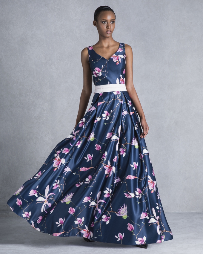 Cocktail long printed dress with belt and bow