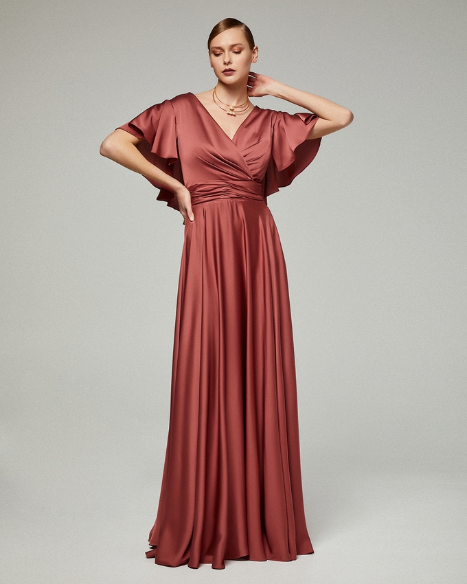 Long evening satin dress with short sleeves