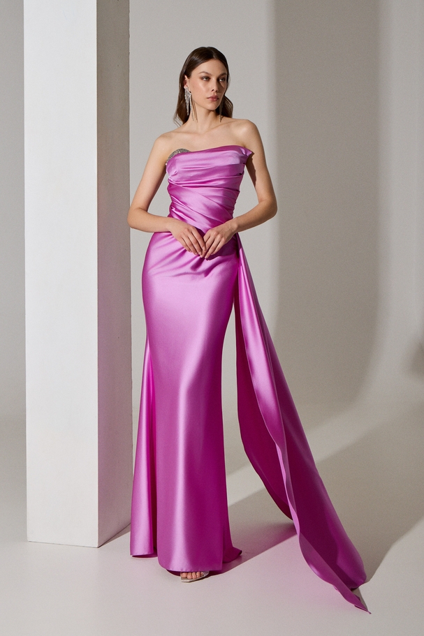 Evening long satin dress, backless with embroidered top and long scarf on the side