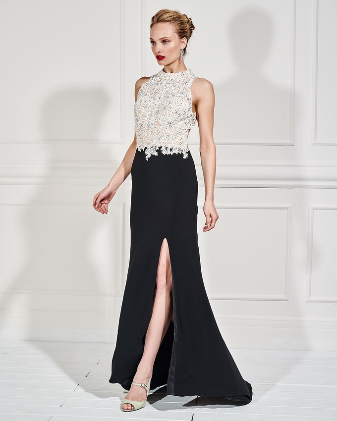 Long evening dress with beaded bust and opening in the back