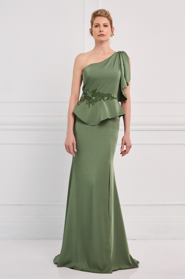 Classic long satin dress with one shoulder, embroidery on the shoulder and at the waist
