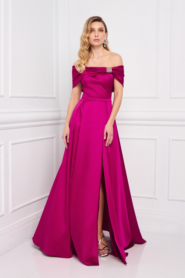 Evening long satin dress with off-the-shoulder design and embroidered bow on the top