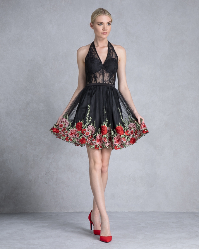 Cocktail short dress with lace top and flowers on the skirt