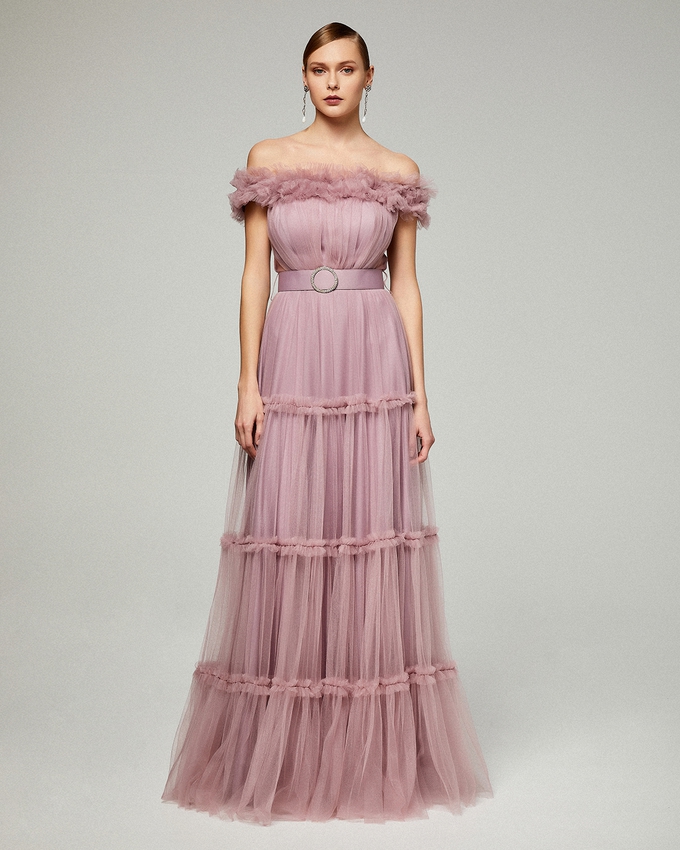 Long cocktail tulle dress with belt