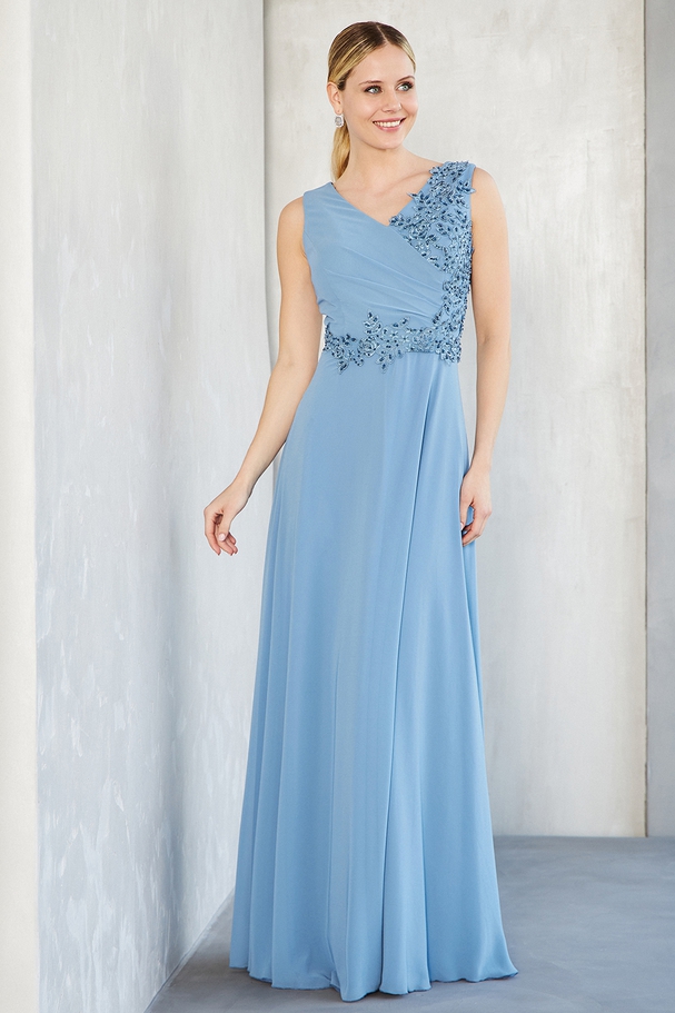Long evening dress with chiffon fabric, lace top with beading and straps