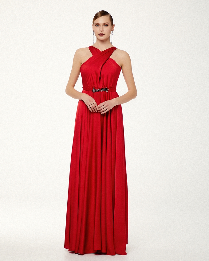 Cocktail long satin dress with open back