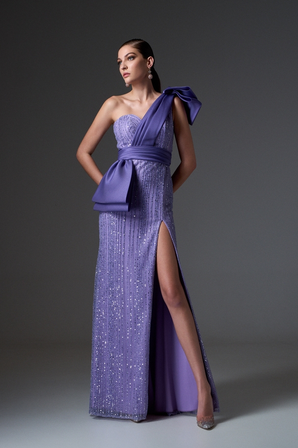 Evening long one-shoulder fully embroidered dress with organza on the shoulder and waist