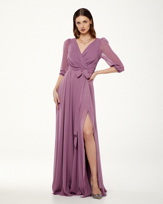 Cocktail long chiffon dress with long sleeves and belt