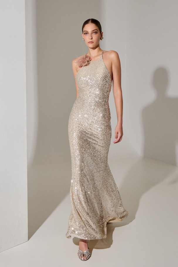 Evening long mermaid backless dress fully covered in sequins