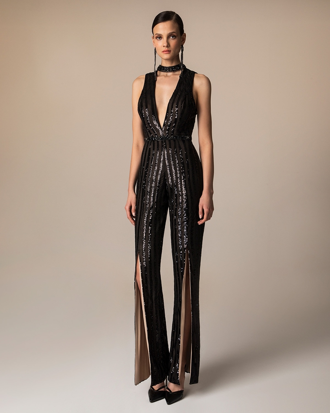 Evening jumpsuit with sequence and open back
