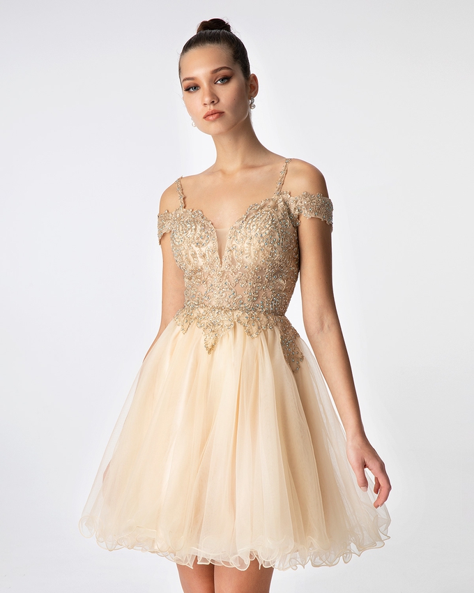 Cocktail short tulle dress with beaded top