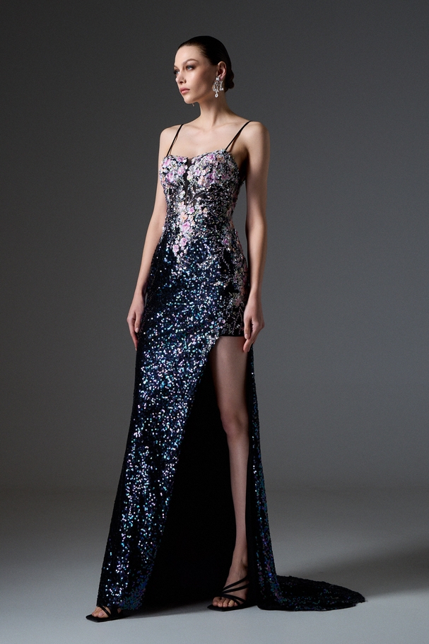 Evening long fully embroidered dress with sequins and small flowers, backless with a high side slit