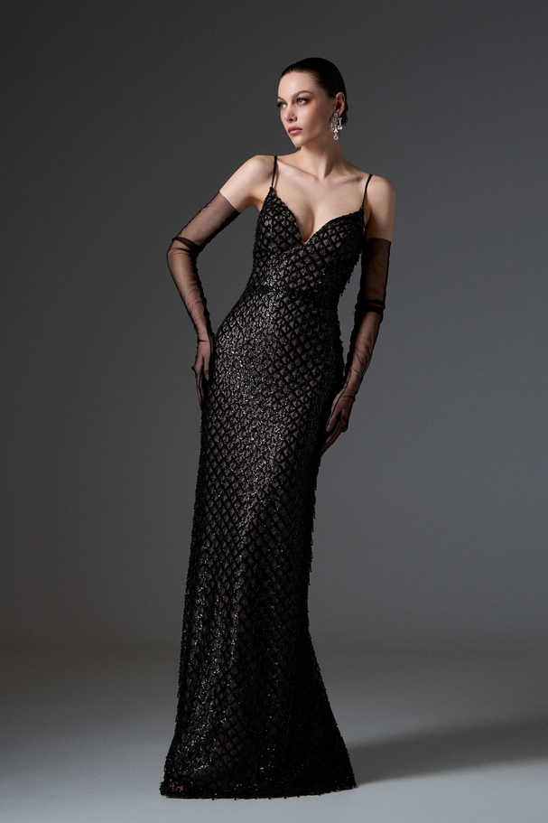 Evening long fully embroidered backless dress