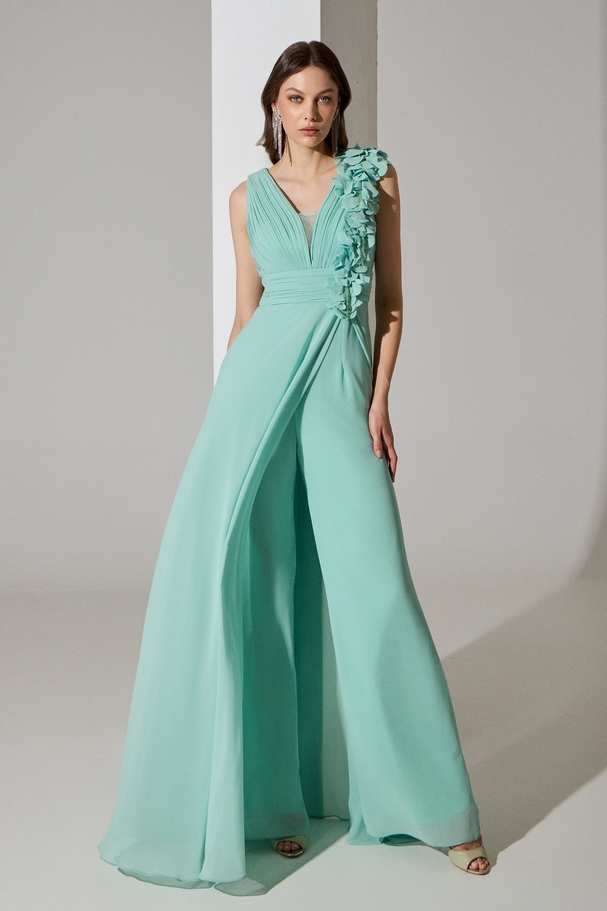 Evening long chiffon dress with draped top and embroidered flowers on the strap