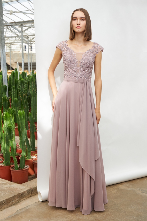 Long classic chiffon dress with fully beaded top and wide straps