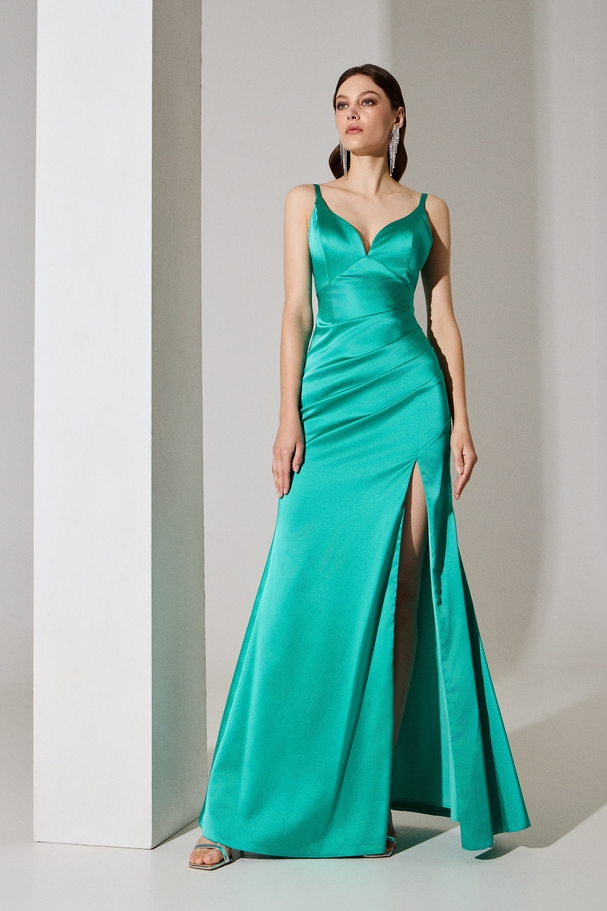 Evening long satin backless dress with a slit and beads on the back