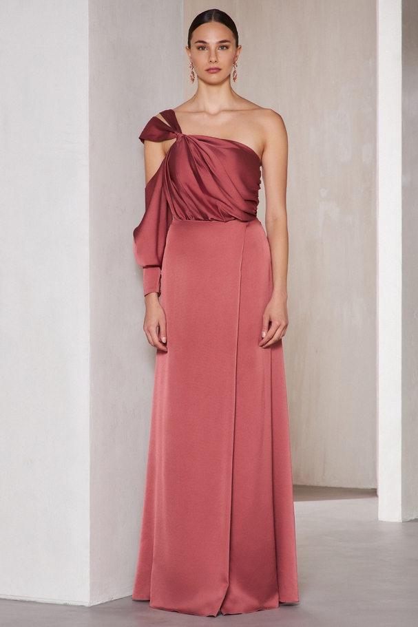 One shoulder long cocktail satin dress with one long sleeve
