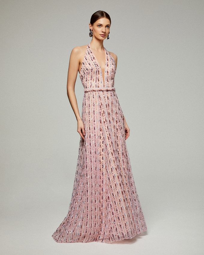 Long evening fully beaded dress with sequences and open back