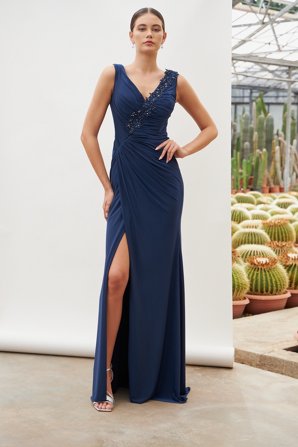 Long classic dress with beaded top, wide straps and opening