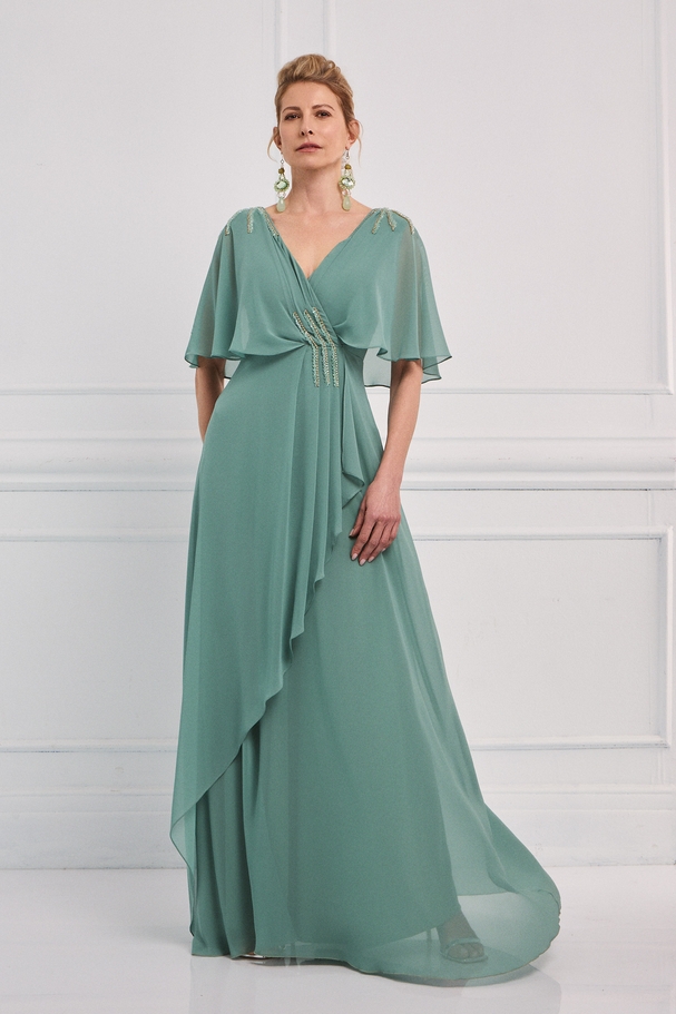 Classic long chiffon dress with embroidery on the shoulders, waist, and a cape with sleeves