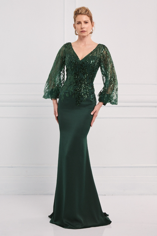 Classic long dress with satin skirt, fully embroidered top, and long sleeves with cuffs