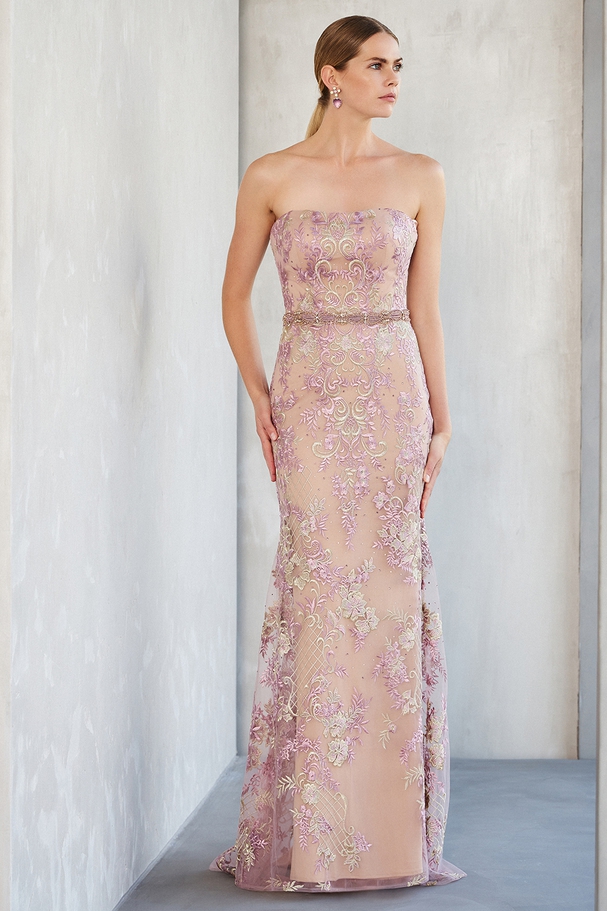Long evening strapless dress with beading at the waist