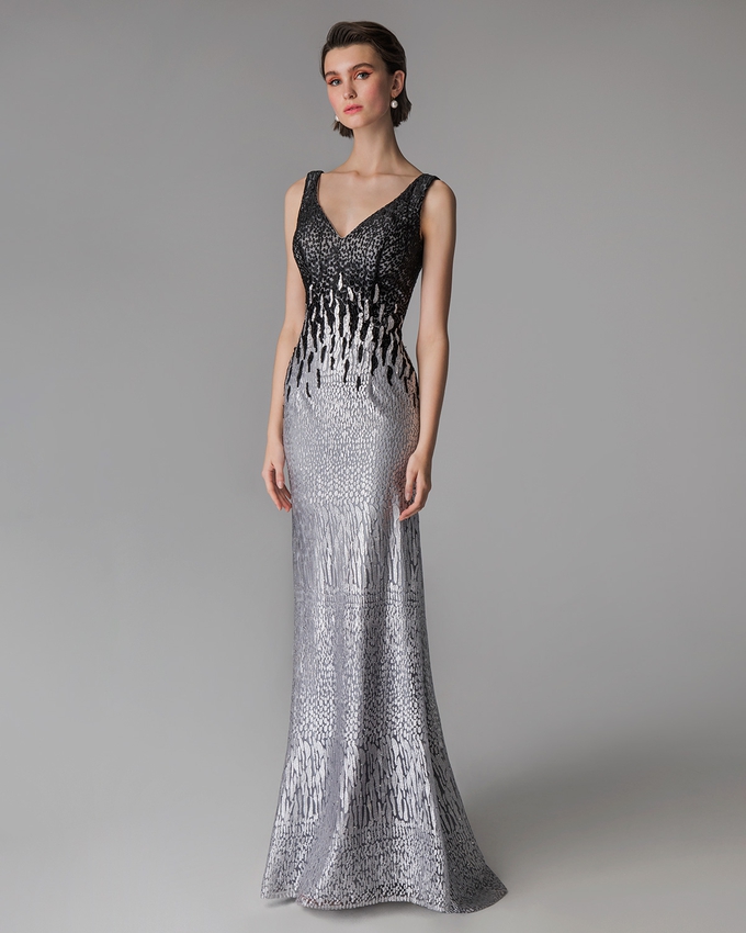 Long evening dress with lace and beading