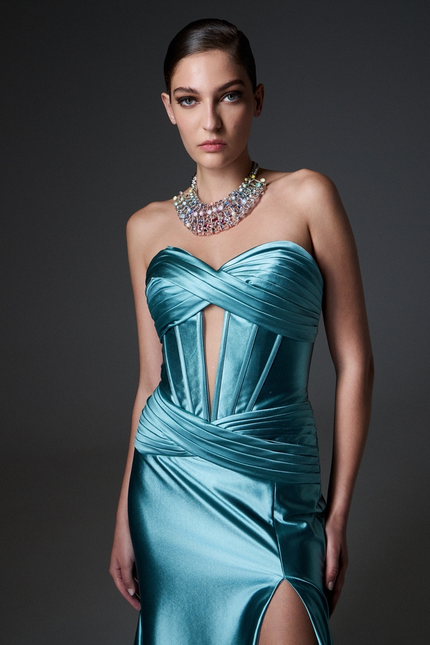 Evening long satin dress with draped boned top