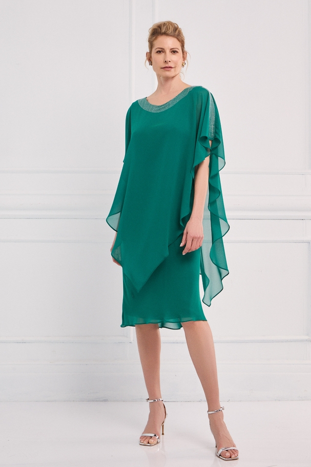 Classic short chiffon dress with embroidery on the neckline and sleeves
