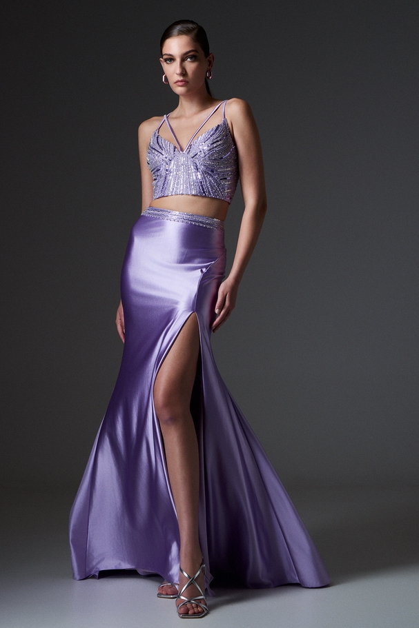 Evening long satin skirt with fully embroidered top