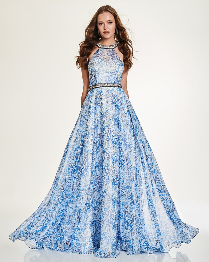 Cocktail long print dress with beading on the neck and waist