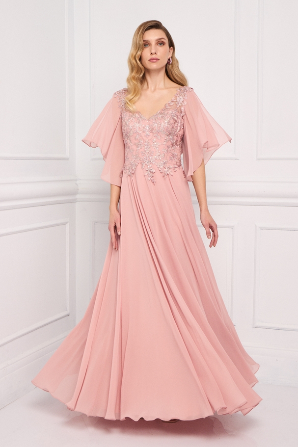 Classic long chiffon dress with an embroidered lace top and sleeves