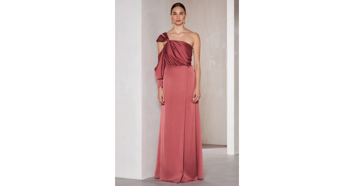 Mikael - MARVA - One shoulder long cocktail satin dress with