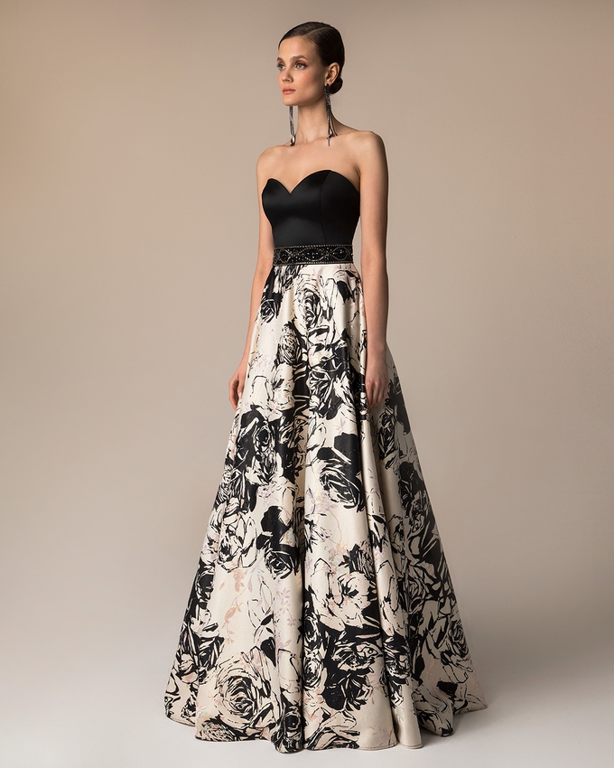 Long evening printed dress with beading around the waist