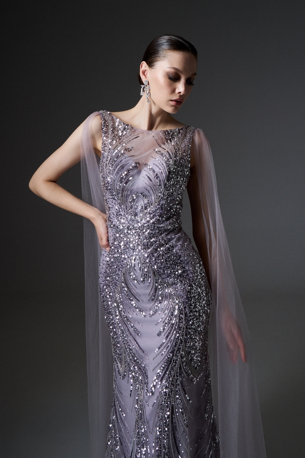 Evening long fully embroidered dress with tulle on the shoulders