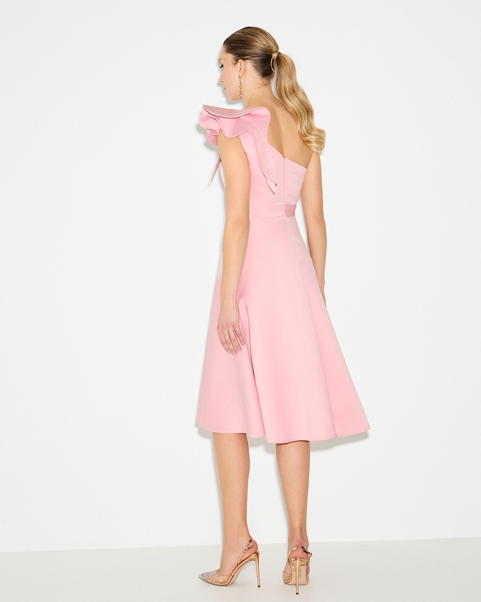 Cocktail midi satin dress with one shoulder and ruffle