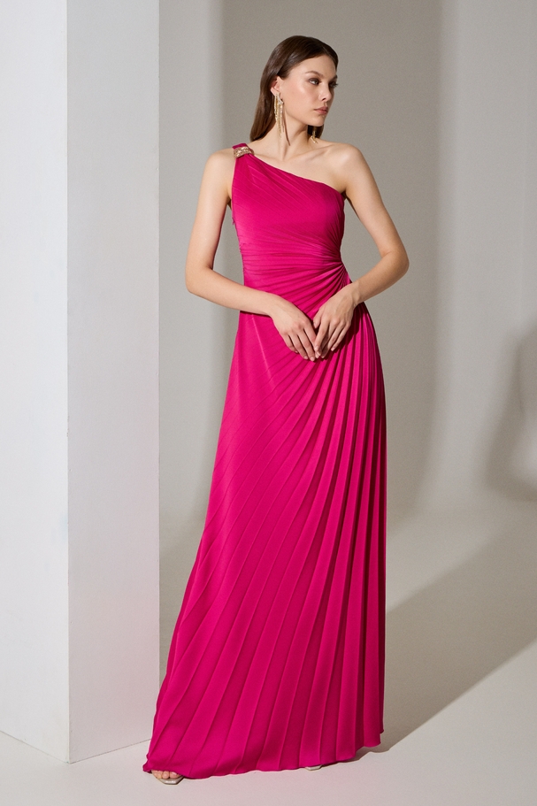 Evening long pleated dress with one shoulder and embroidery on the shoulder