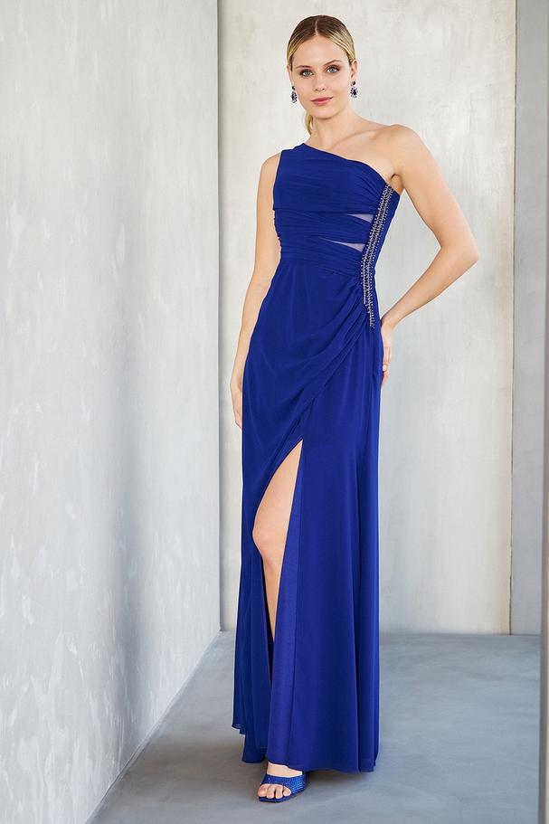 One shoulder long evening dress with chiffon fabric and beading