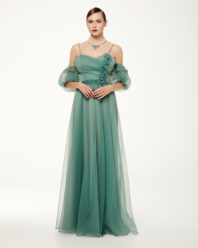 Long coctail organza dress with beading on the top and sleeves