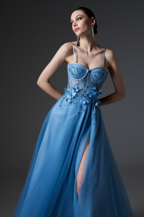 Evening long tulle dress with embroidered boned top