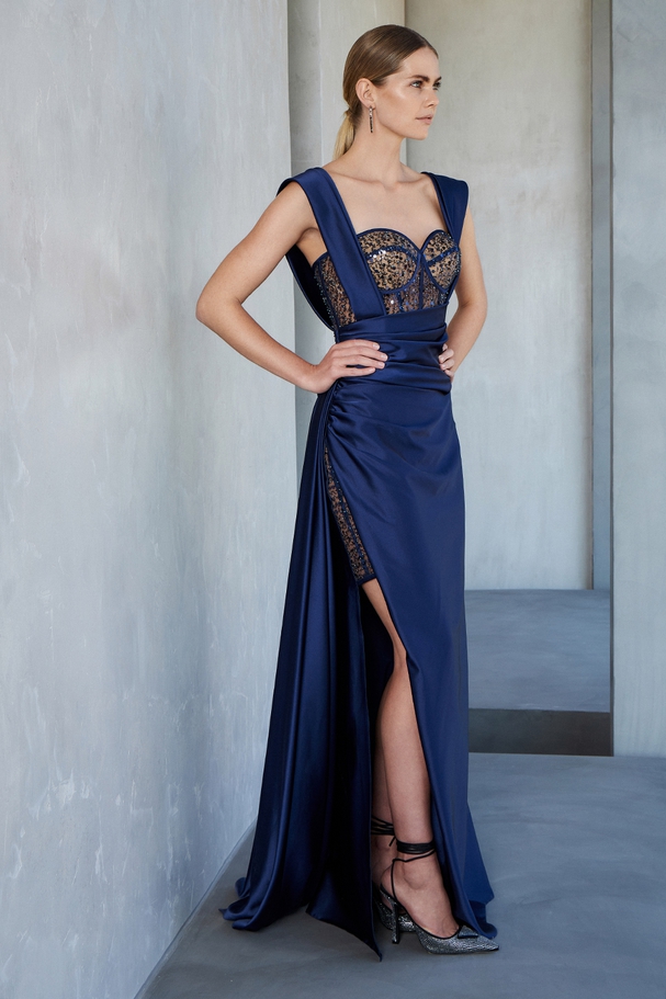 Long evening satin dress with lace top