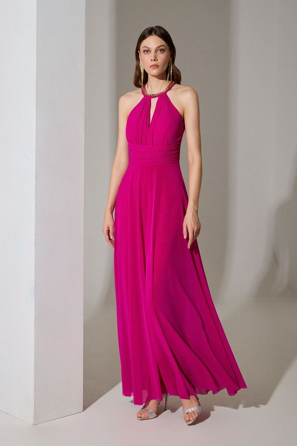 Evening long dress with off-the-shoulder design and chain necklace