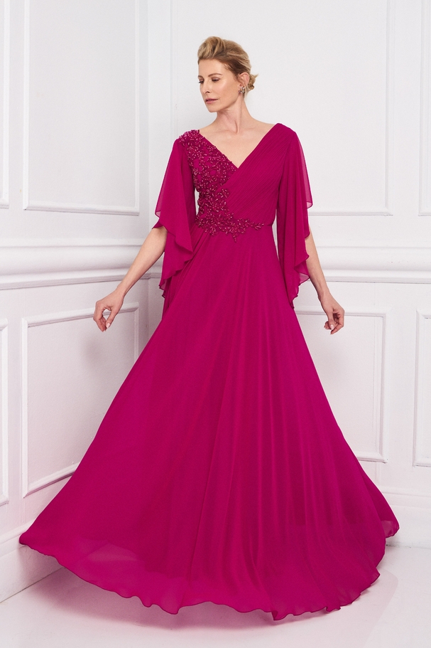Classic long chiffon dress with draped embroidered top and long sleeves
