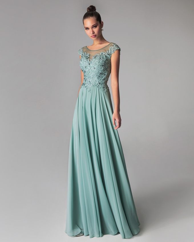 Long evening dress with lace top and chiffon skirt