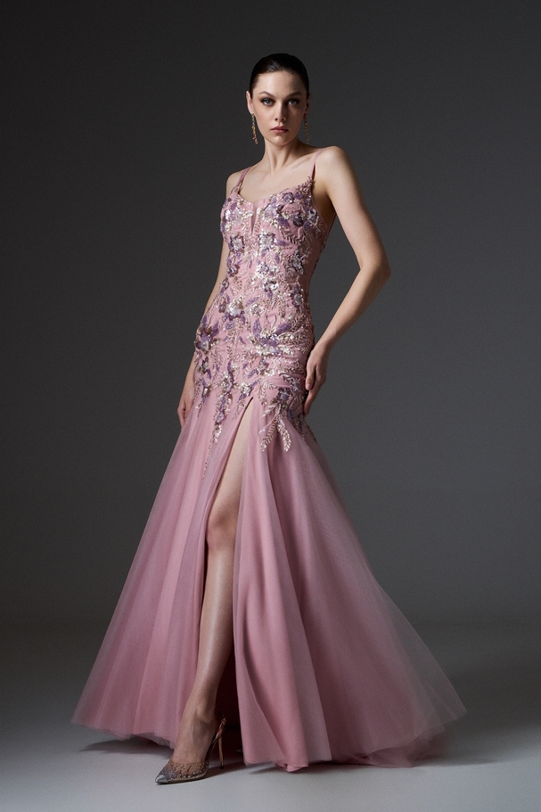 Evening long tulle dress with fully embroidered top