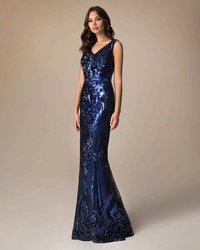 Long evening fully beaded dress with open back