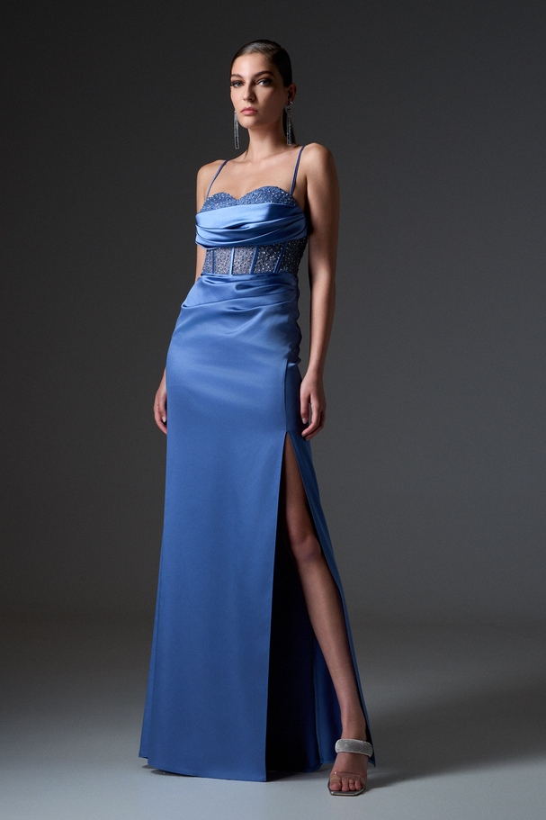 Evening long satin dress with embroidered boned top