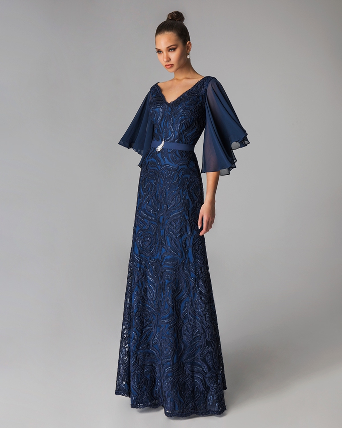 Long evening  lace dress for mother of the bride with sleeves of chiffon