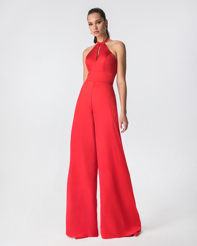 Cocktail satin jumpsuit with open back