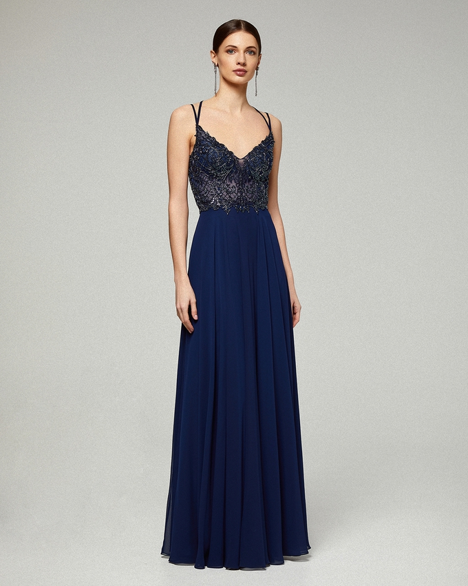 Long evening chiffon dress with fully beaded top and straps